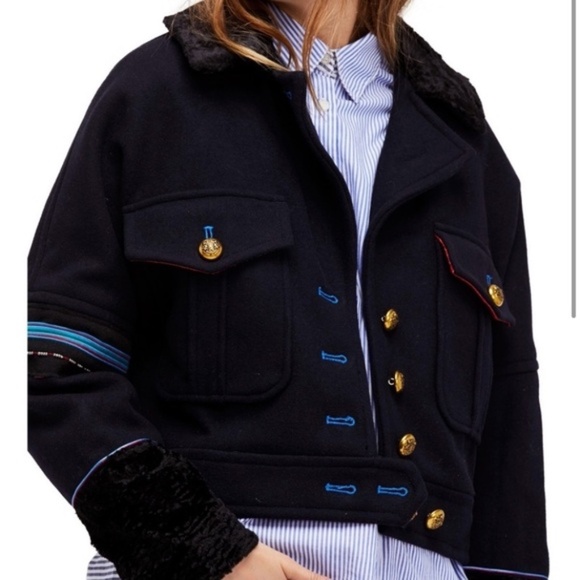 Free People Jackets & Blazers - Free People Wool Blend Eisenhower Military Jacket w/Faux Fur Beading Ribbon Sz M